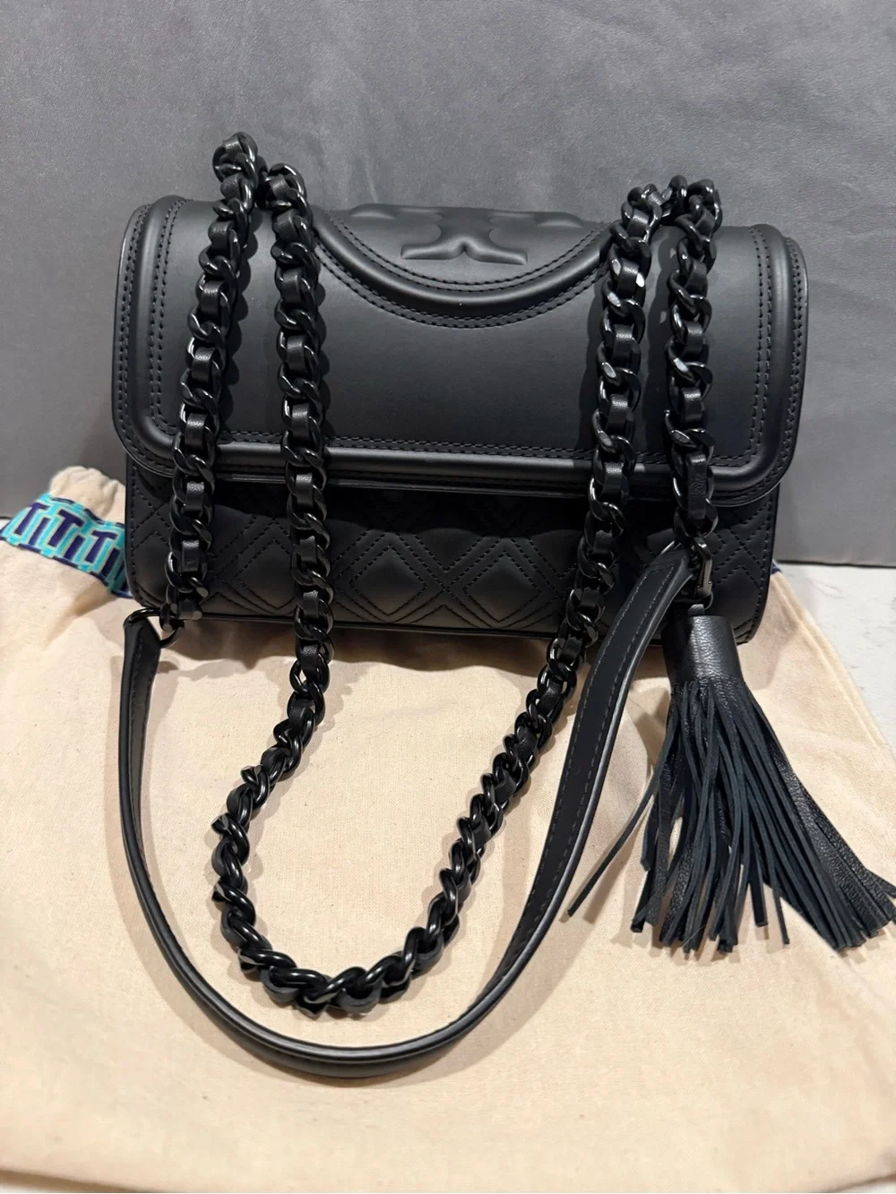 Tory Burch Black Quilted Shoulder Bag with Tassel